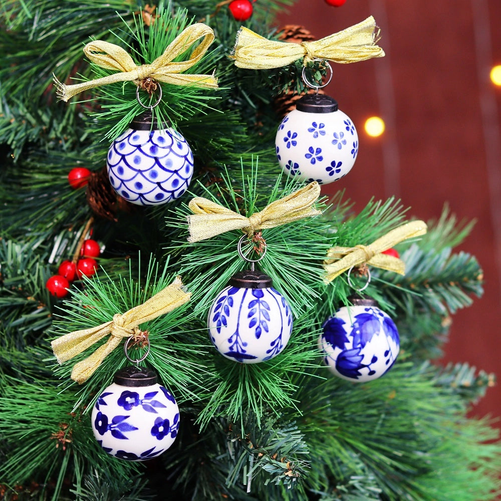 Blue and White Handmade Ceramic Christmas Ornaments Set of 12 CO-64887