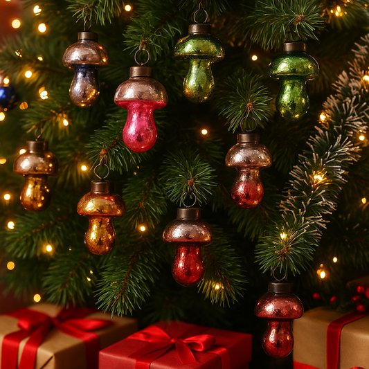 Multicolor Glass Vintage Mushroom Ornaments 12-Pack for Trees & Garlands CO-69748