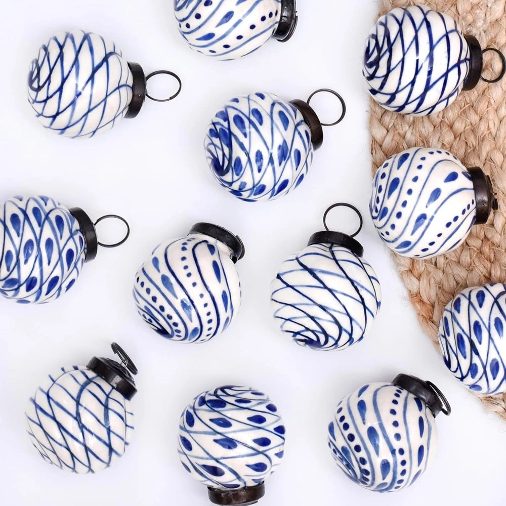 Blue & White Handmade Ceramic Christmas Ornaments Set of 12 CO-65163